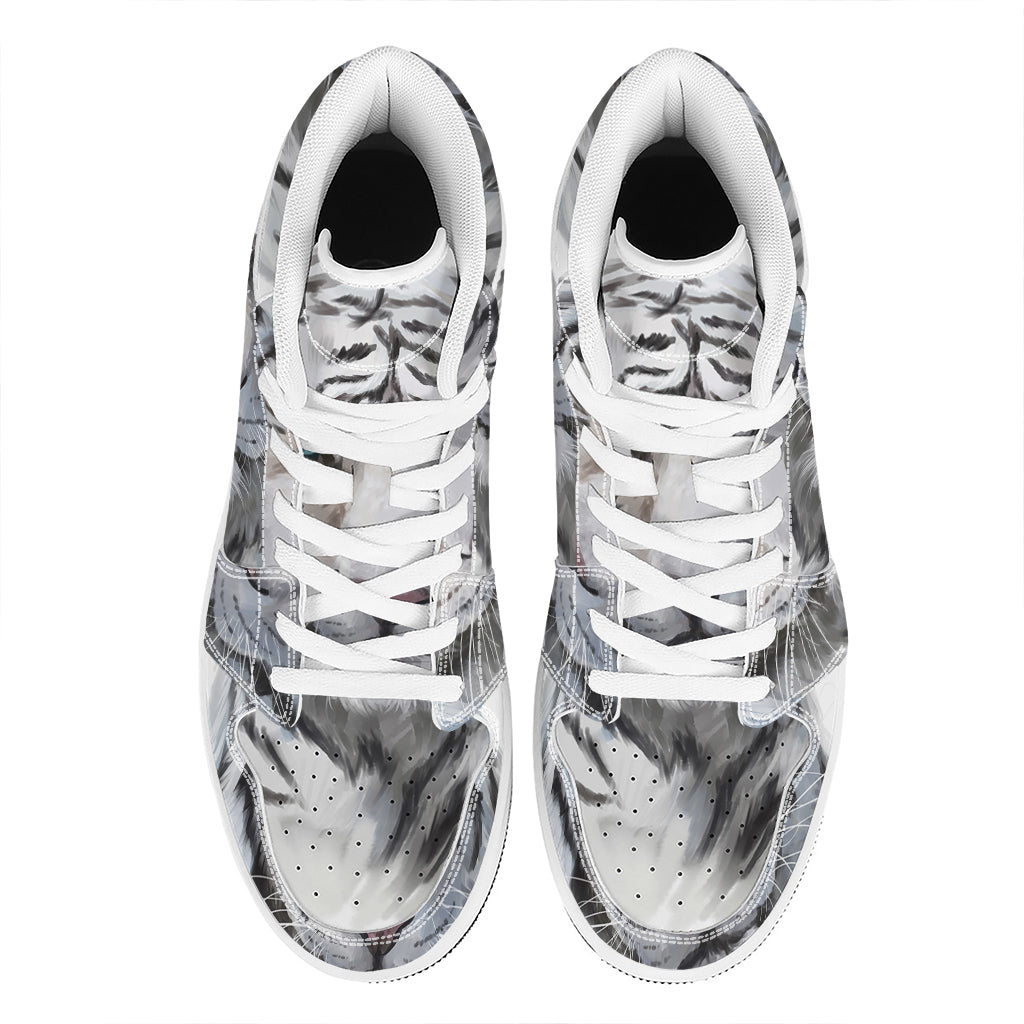 Watercolor White Bengal Tiger Print High Top Leather Sneakers