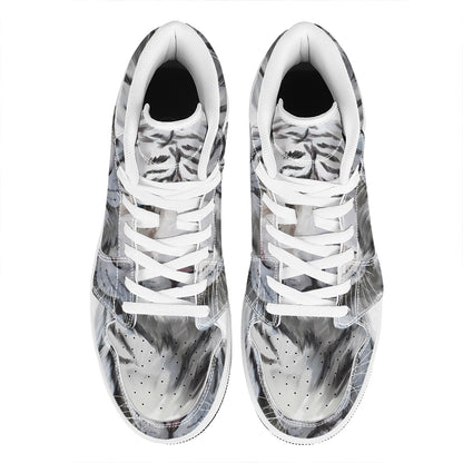 Watercolor White Bengal Tiger Print High Top Leather Sneakers