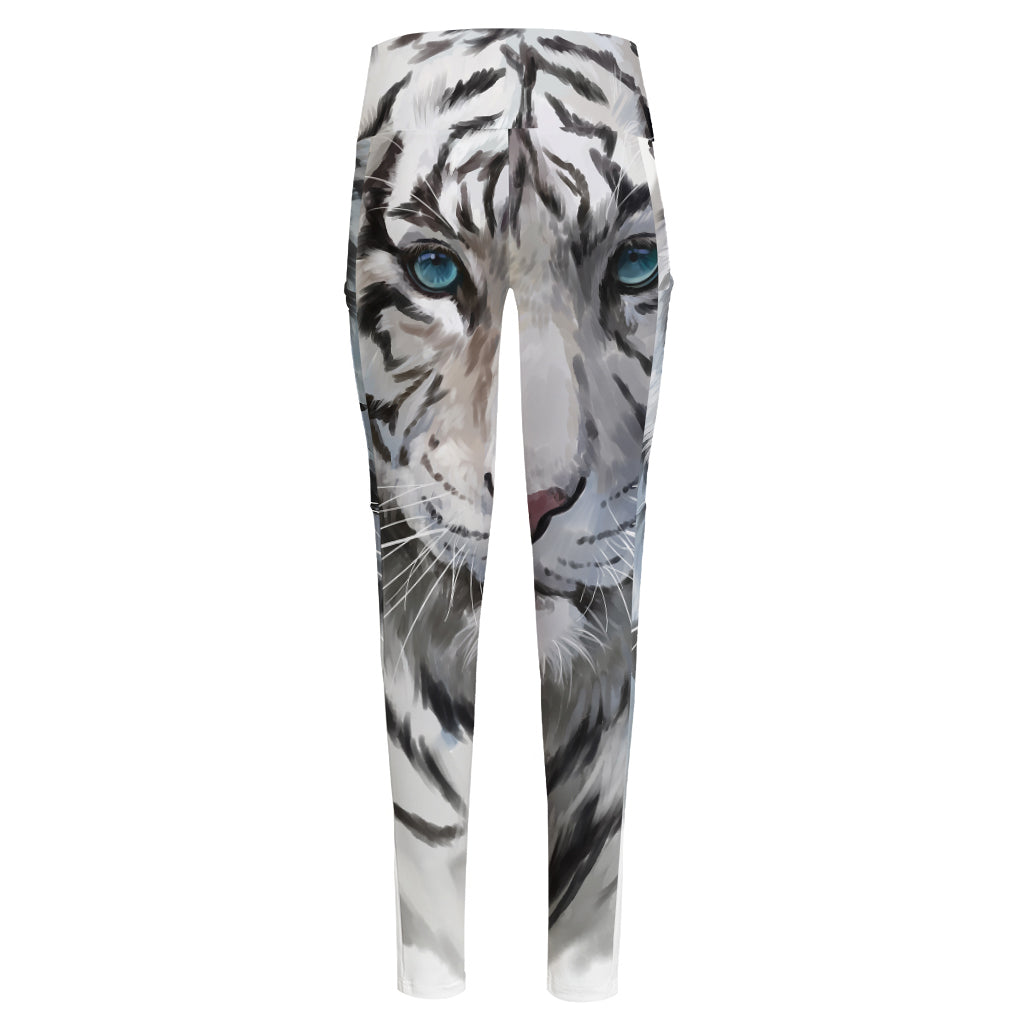 Watercolor White Bengal Tiger Print High-Waisted Pocket Leggings