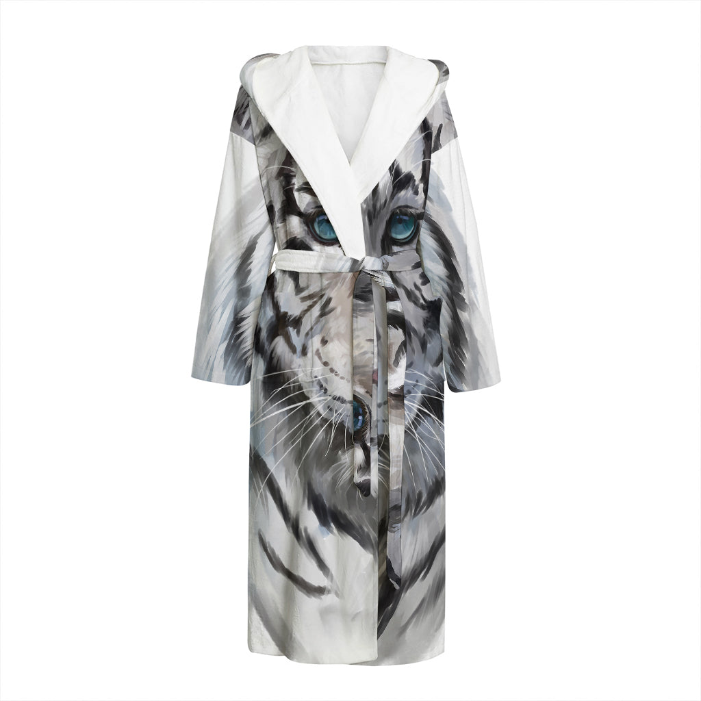 Watercolor White Bengal Tiger Print Hooded Bathrobe