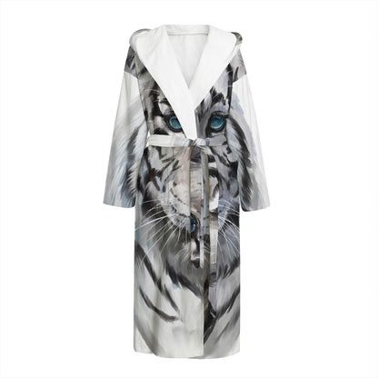 Watercolor White Bengal Tiger Print Hooded Bathrobe