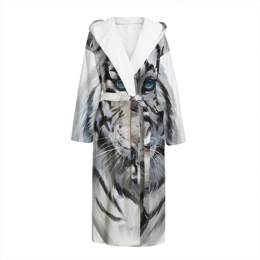 Watercolor White Bengal Tiger Print Hooded Bathrobe