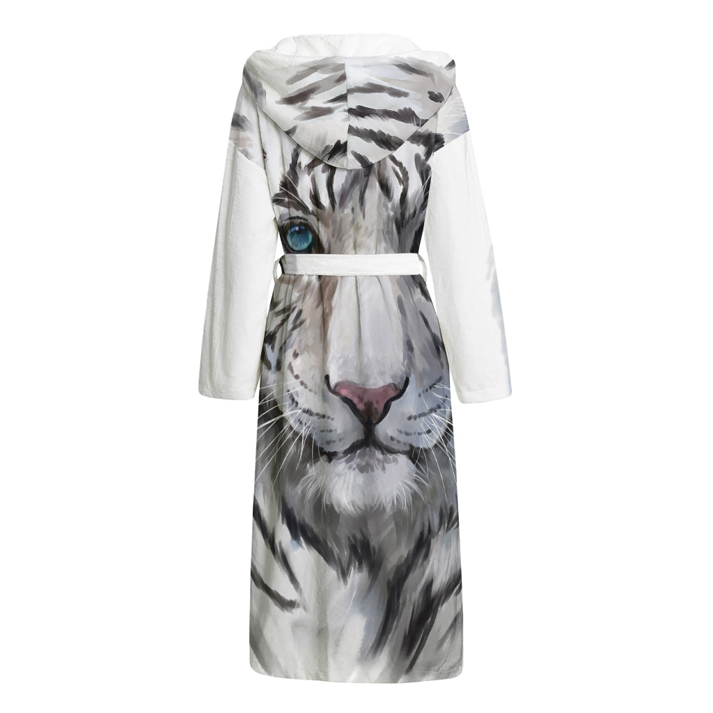 Watercolor White Bengal Tiger Print Hooded Bathrobe