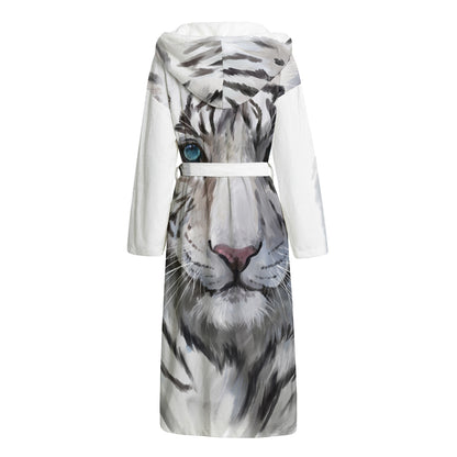 Watercolor White Bengal Tiger Print Hooded Bathrobe
