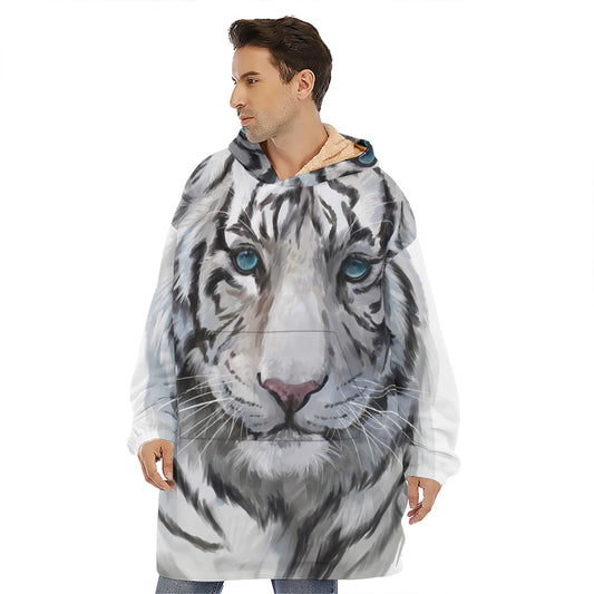 Watercolor White Bengal Tiger Print Hoodie Blanket