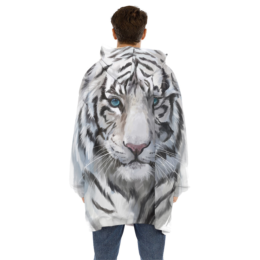 Watercolor White Bengal Tiger Print Hoodie Blanket