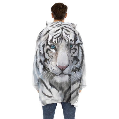 Watercolor White Bengal Tiger Print Hoodie Blanket