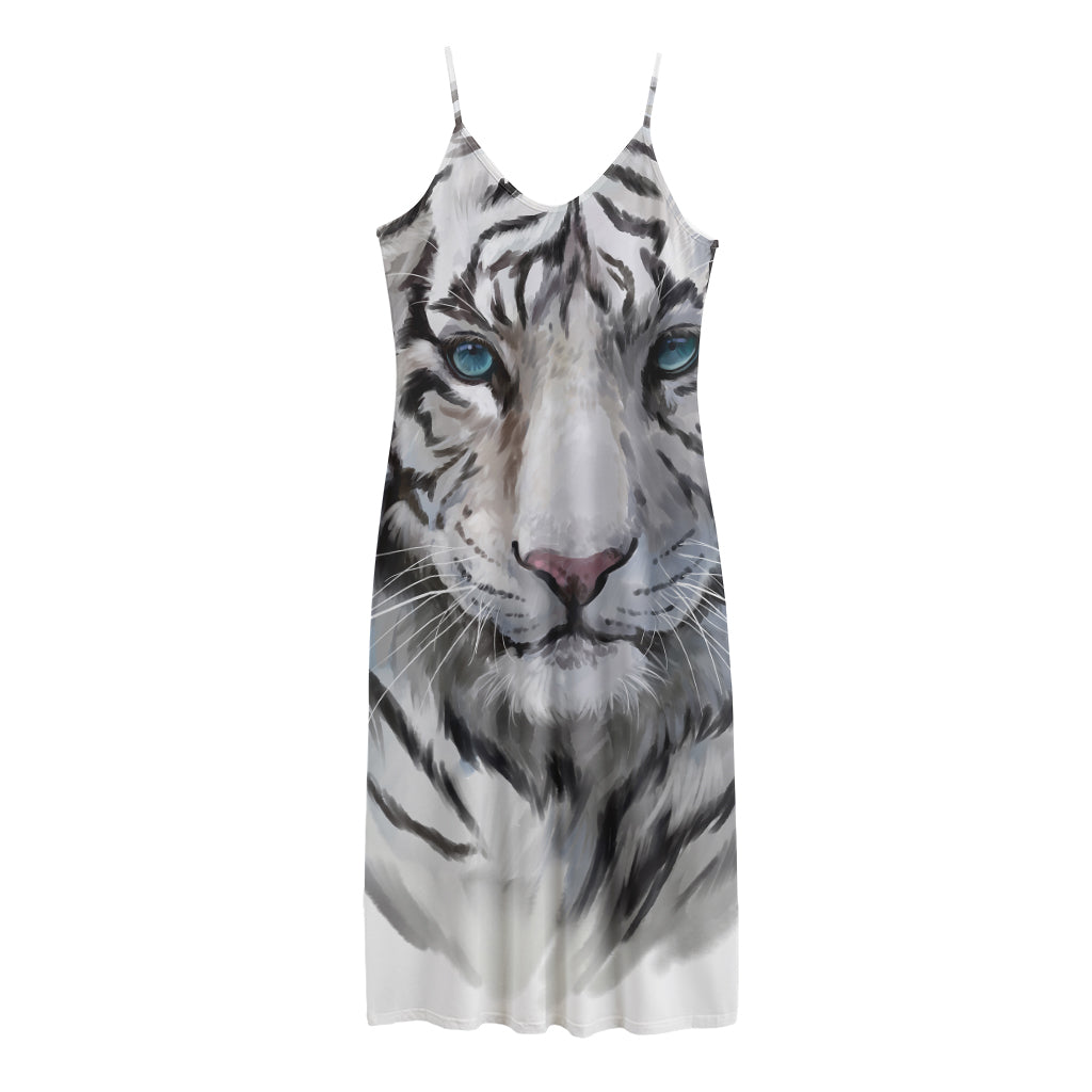 Watercolor White Bengal Tiger Print Jersey Midi Cami Dress