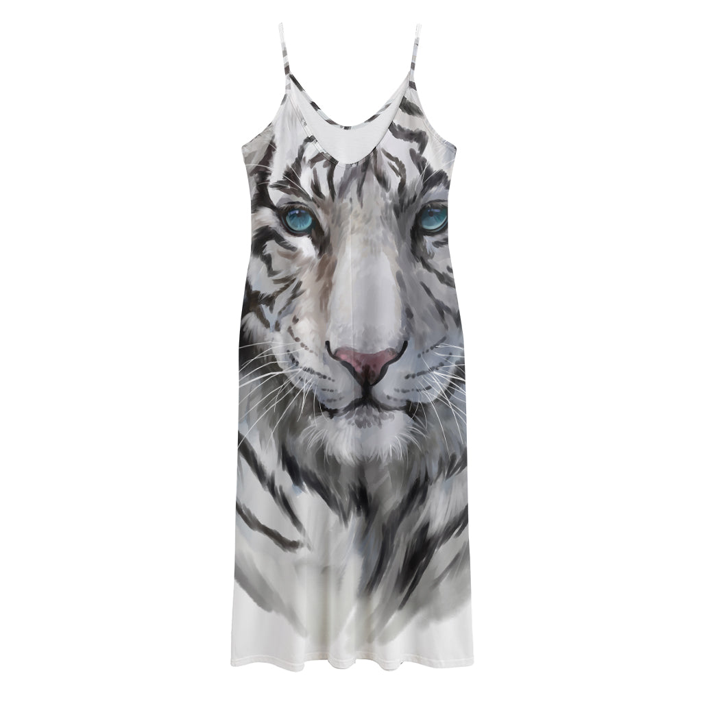 Watercolor White Bengal Tiger Print Jersey Midi Cami Dress