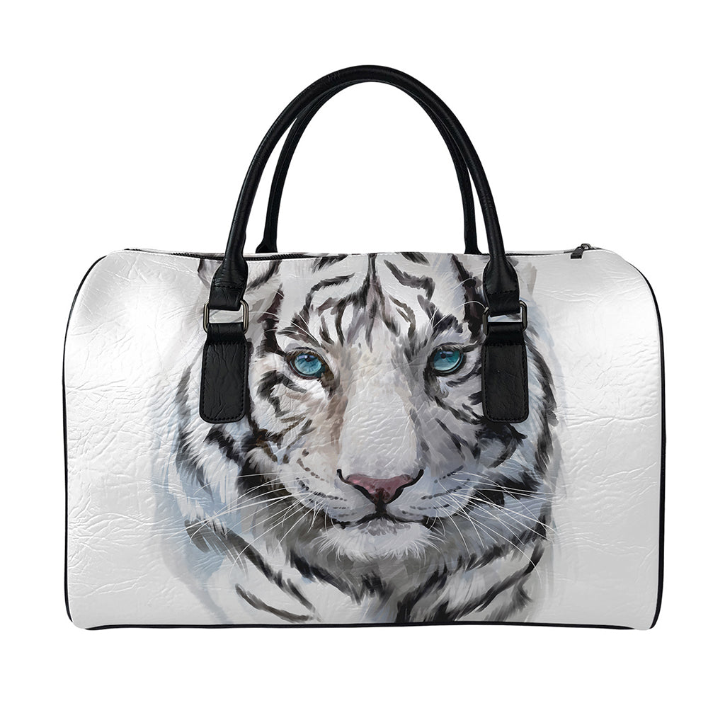 Watercolor White Bengal Tiger Print Leather Duffle Bag