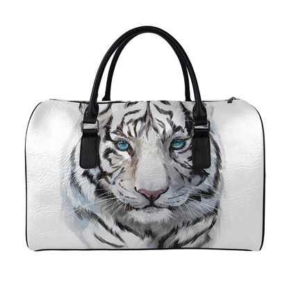 Watercolor White Bengal Tiger Print Leather Duffle Bag