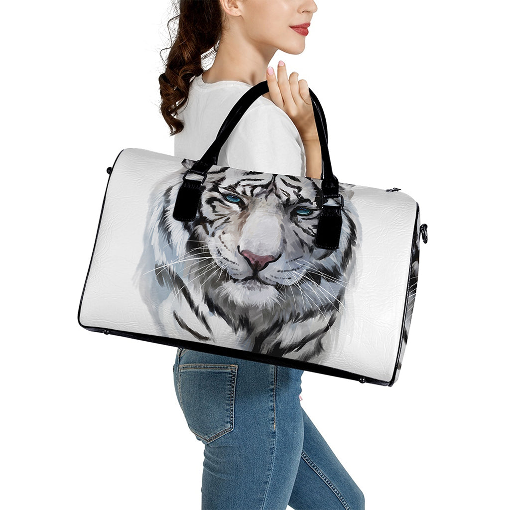Watercolor White Bengal Tiger Print Leather Duffle Bag