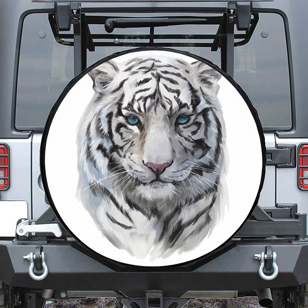 Watercolor White Bengal Tiger Print Leather Spare Tire Cover
