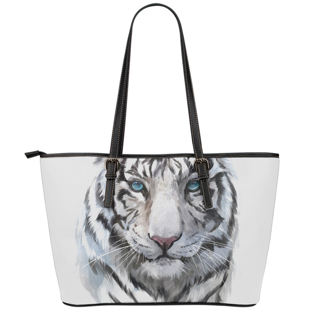 Watercolor White Bengal Tiger Print Leather Tote Bag