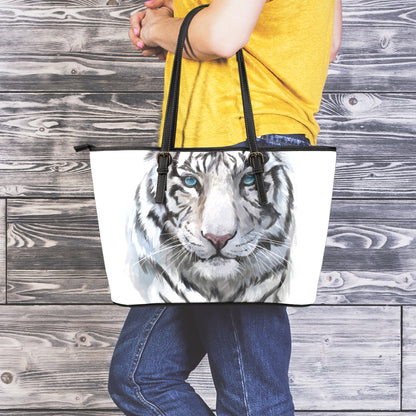 Watercolor White Bengal Tiger Print Leather Tote Bag