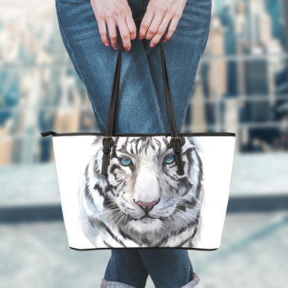 Watercolor White Bengal Tiger Print Leather Tote Bag