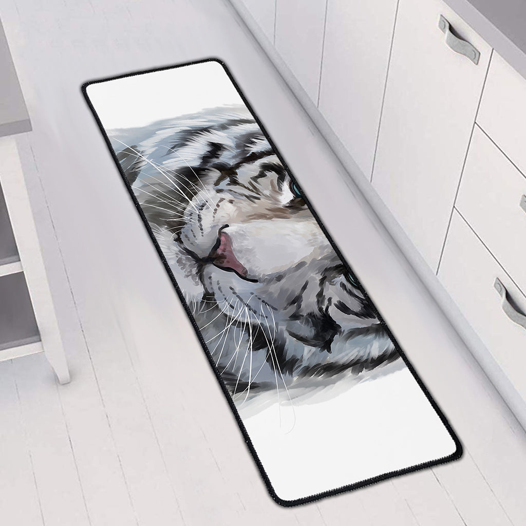 Watercolor White Bengal Tiger Print Long Kitchen Mat