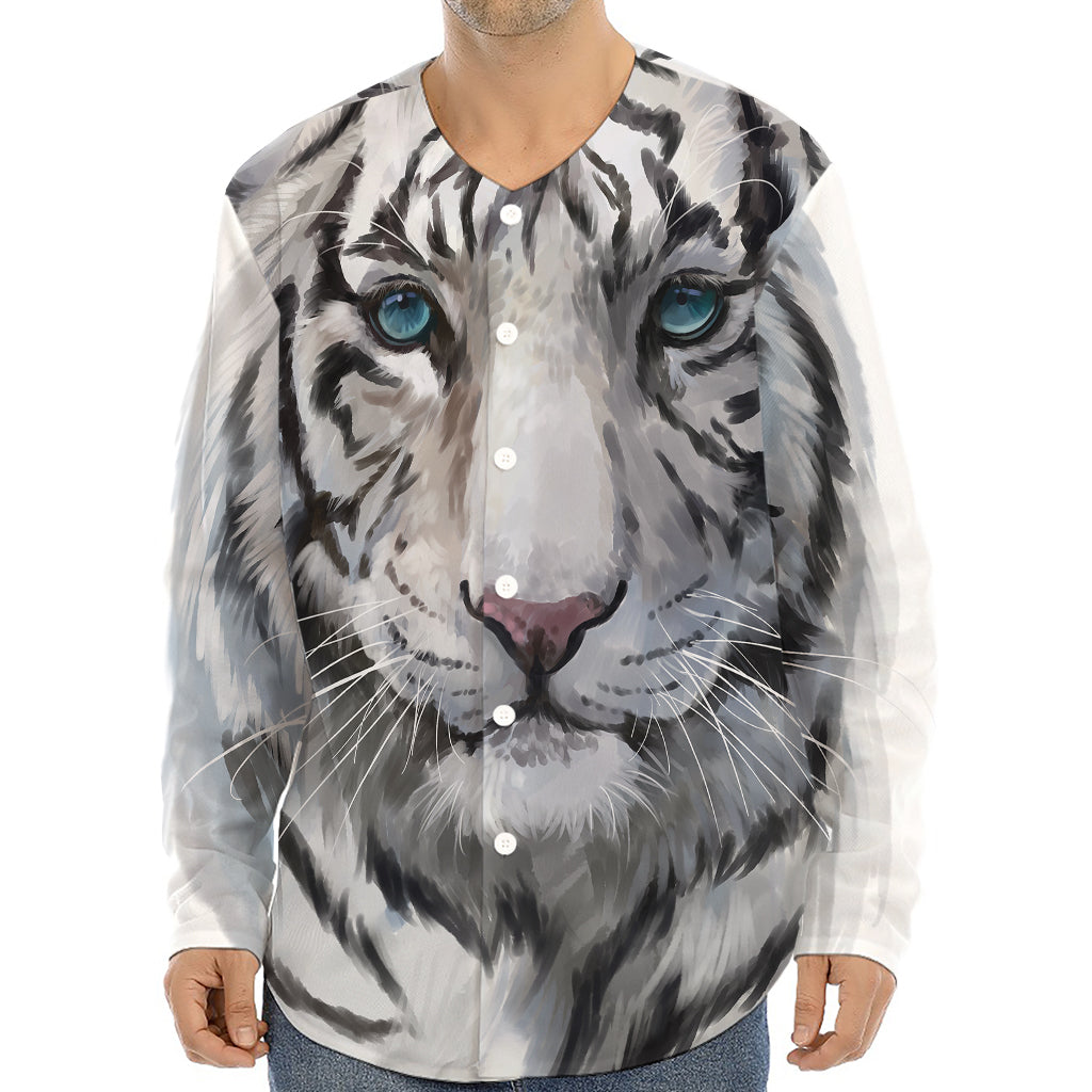 Watercolor White Bengal Tiger Print Long Sleeve Baseball Jersey