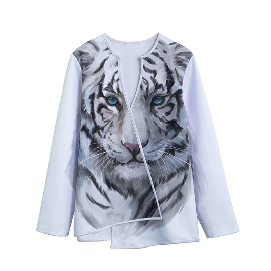Watercolor White Bengal Tiger Print Long Sleeve Short Coat