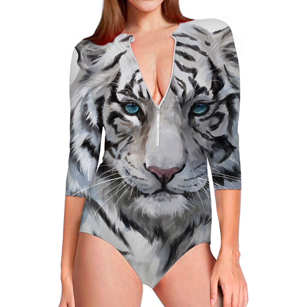 Watercolor White Bengal Tiger Print Long Sleeve Swimsuit