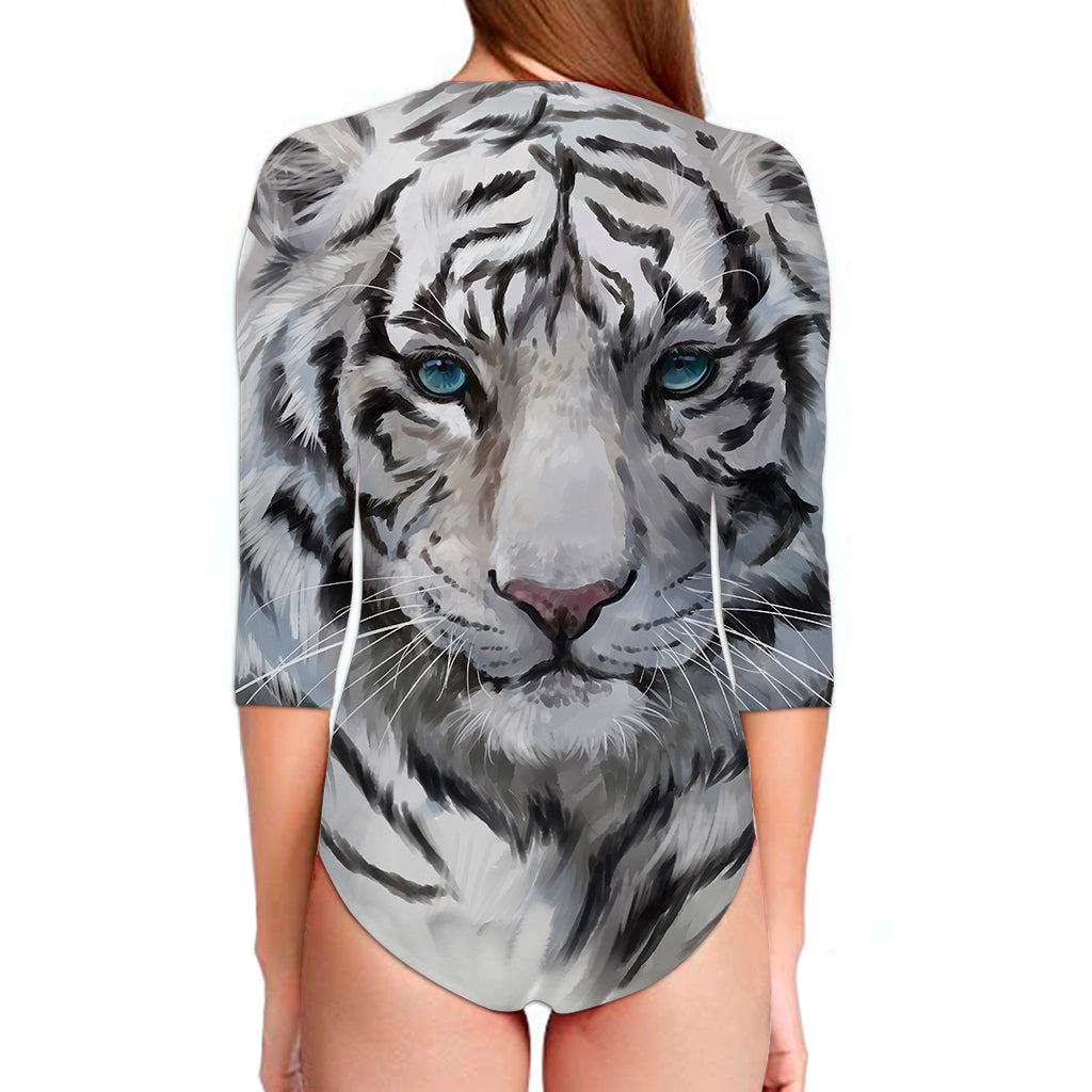 Watercolor White Bengal Tiger Print Long Sleeve Swimsuit