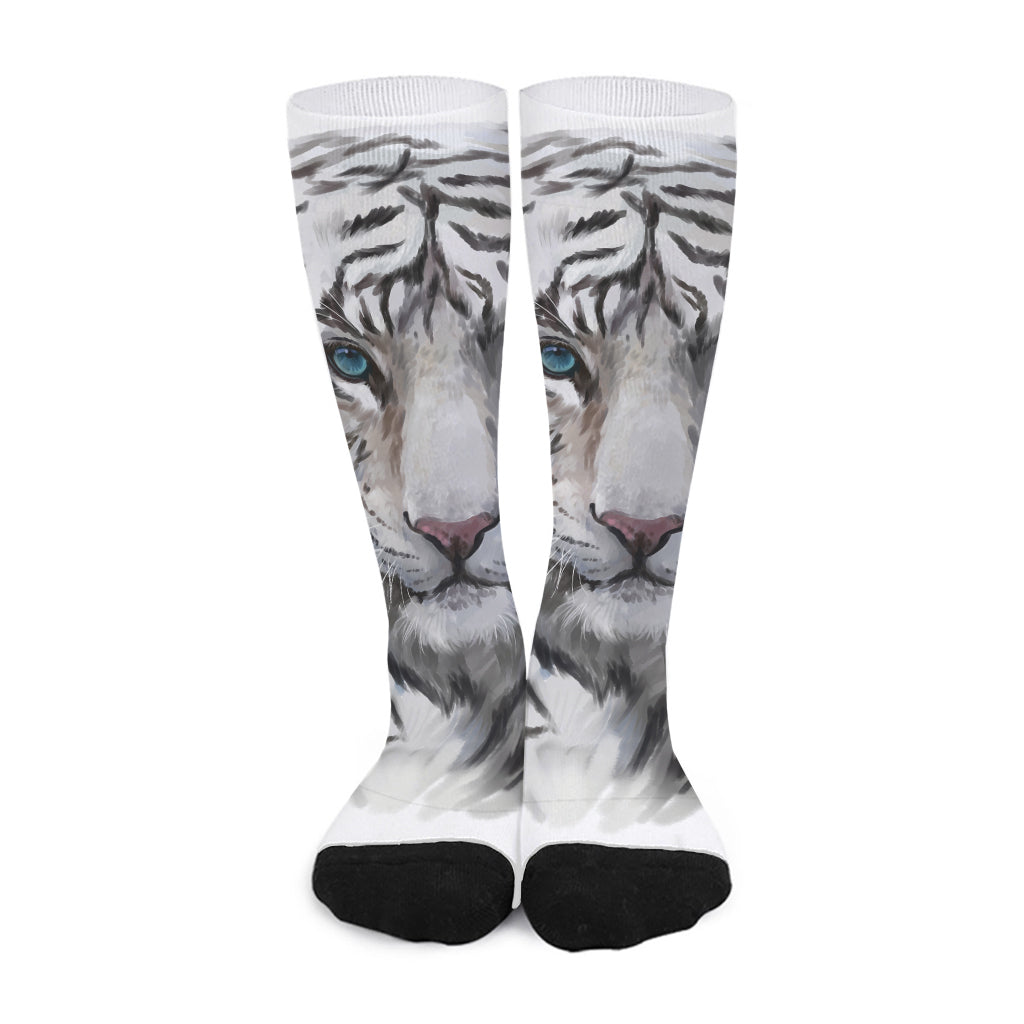 Watercolor White Bengal Tiger Print Long Socks