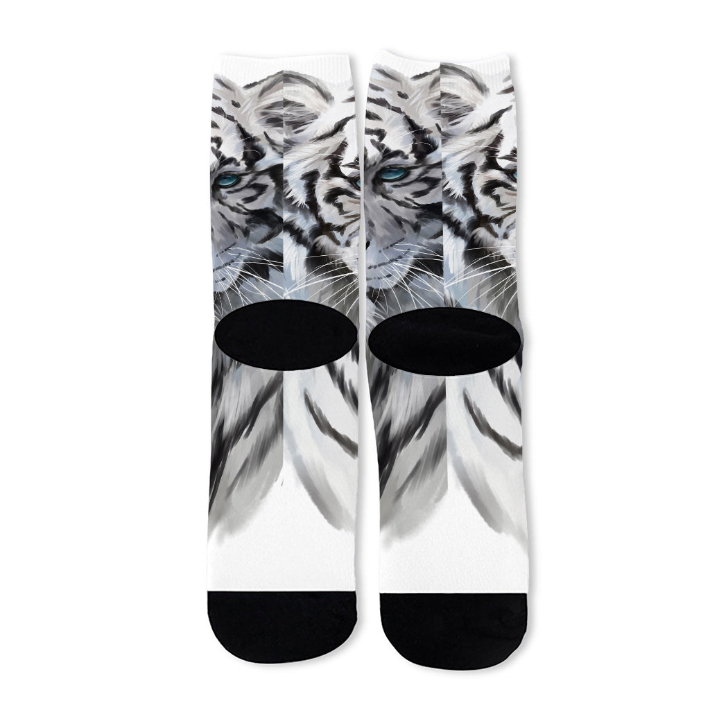 Watercolor White Bengal Tiger Print Long Socks