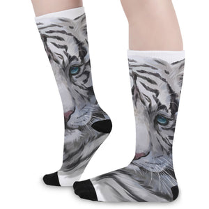 Watercolor White Bengal Tiger Print Long Socks