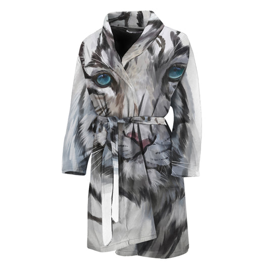 Watercolor White Bengal Tiger Print Men's Bathrobe