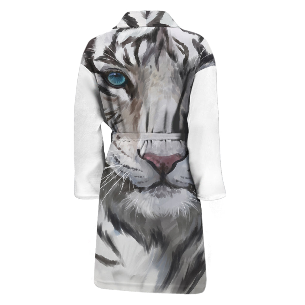 Watercolor White Bengal Tiger Print Men's Bathrobe