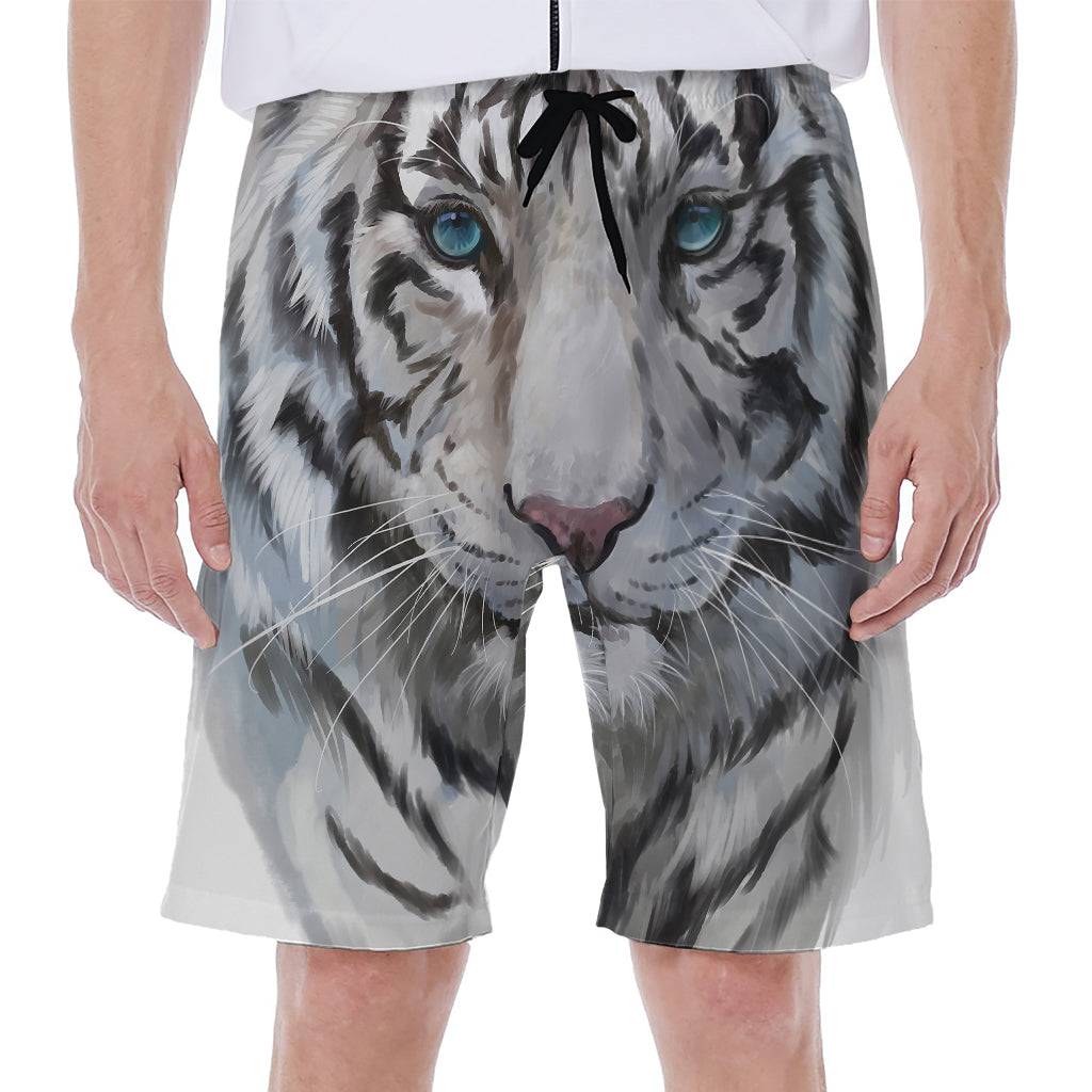 Watercolor White Bengal Tiger Print Men's Beach Shorts