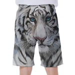 Watercolor White Bengal Tiger Print Men's Beach Shorts