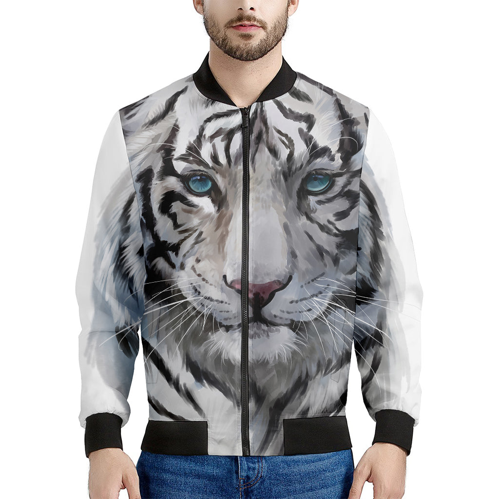 Watercolor White Bengal Tiger Print Men's Bomber Jacket