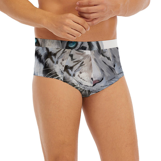 Watercolor White Bengal Tiger Print Men's Briefs
