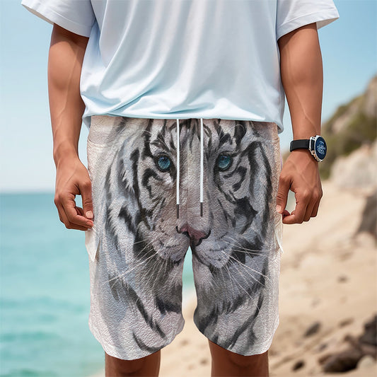 Watercolor White Bengal Tiger Print Men's Cargo Shorts