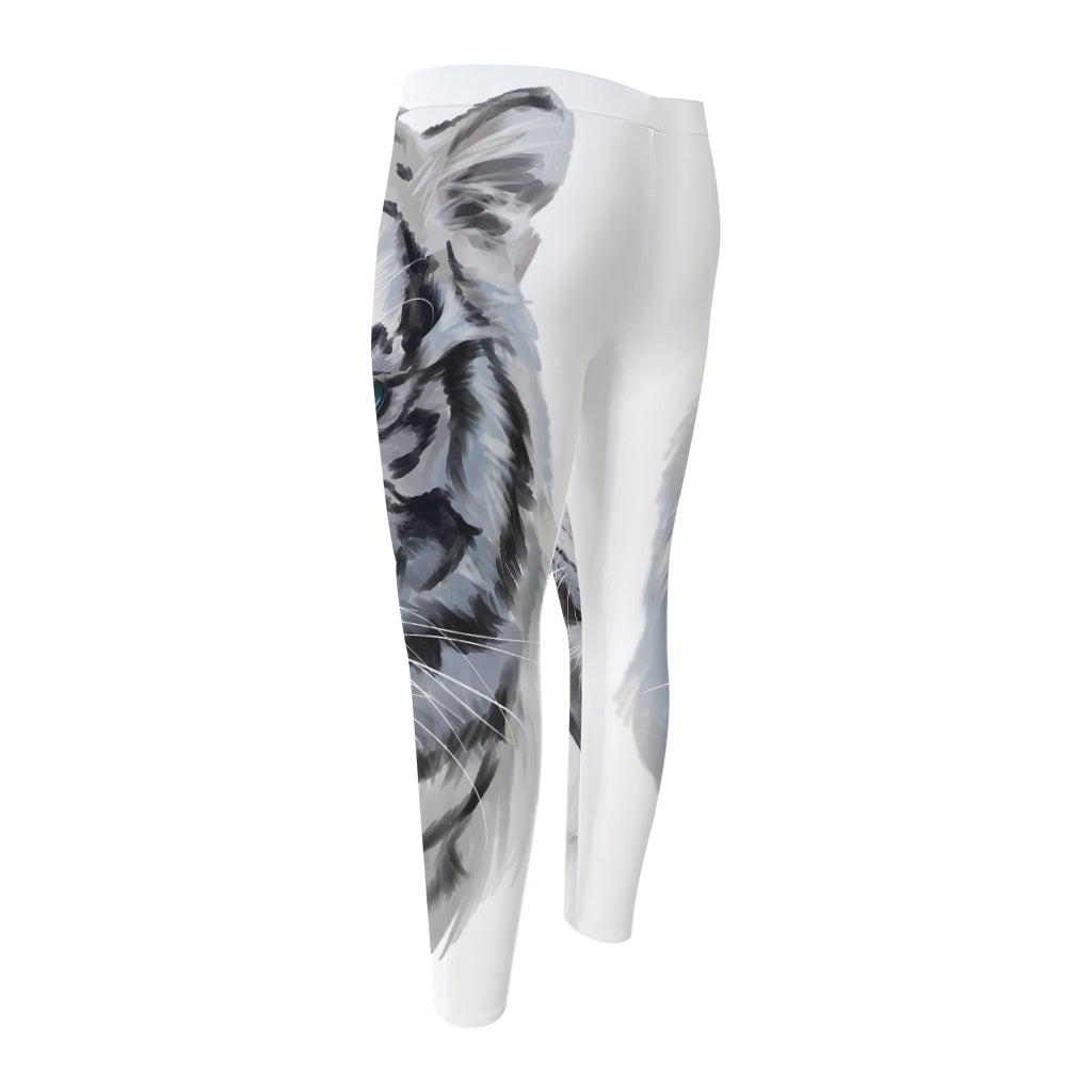 Watercolor White Bengal Tiger Print Men's Compression Pants