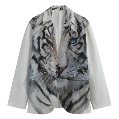 Watercolor White Bengal Tiger Print Men's Cotton Blazer