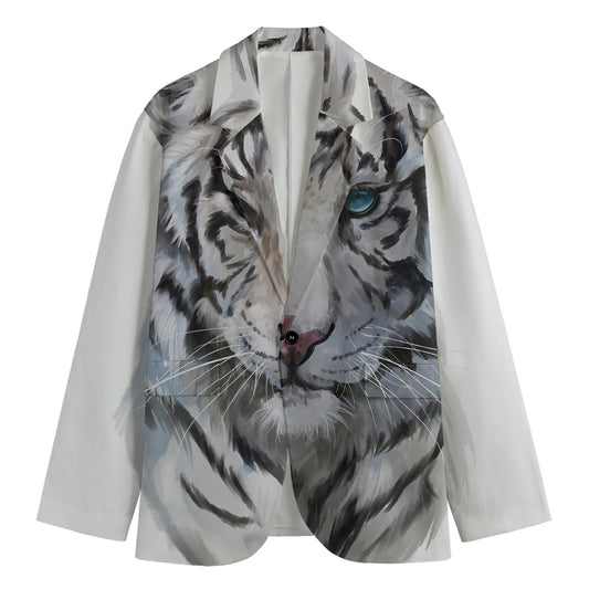 Watercolor White Bengal Tiger Print Men's Cotton Blazer