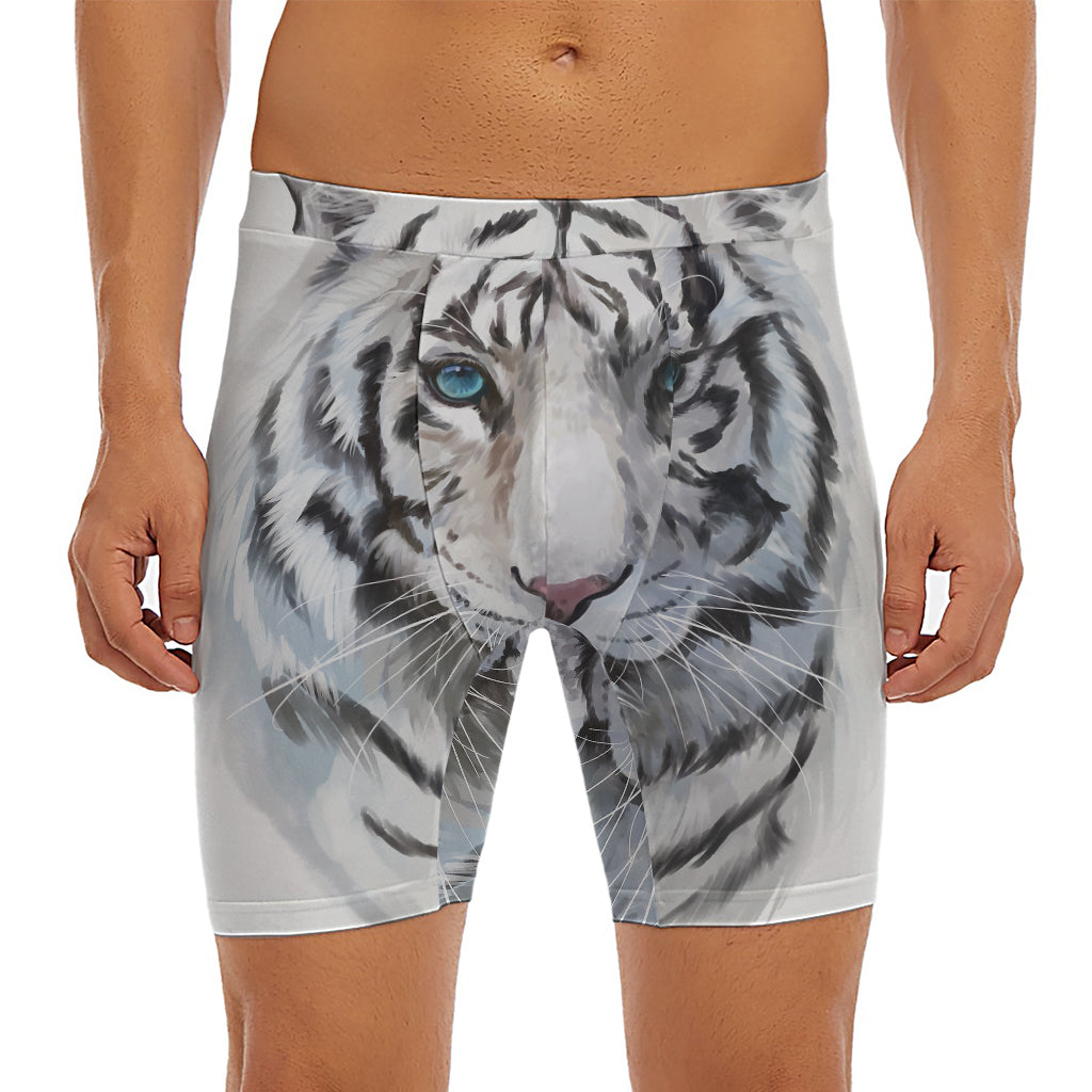 Watercolor White Bengal Tiger Print Men's Long Boxer Briefs