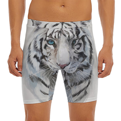 Watercolor White Bengal Tiger Print Men's Long Boxer Briefs