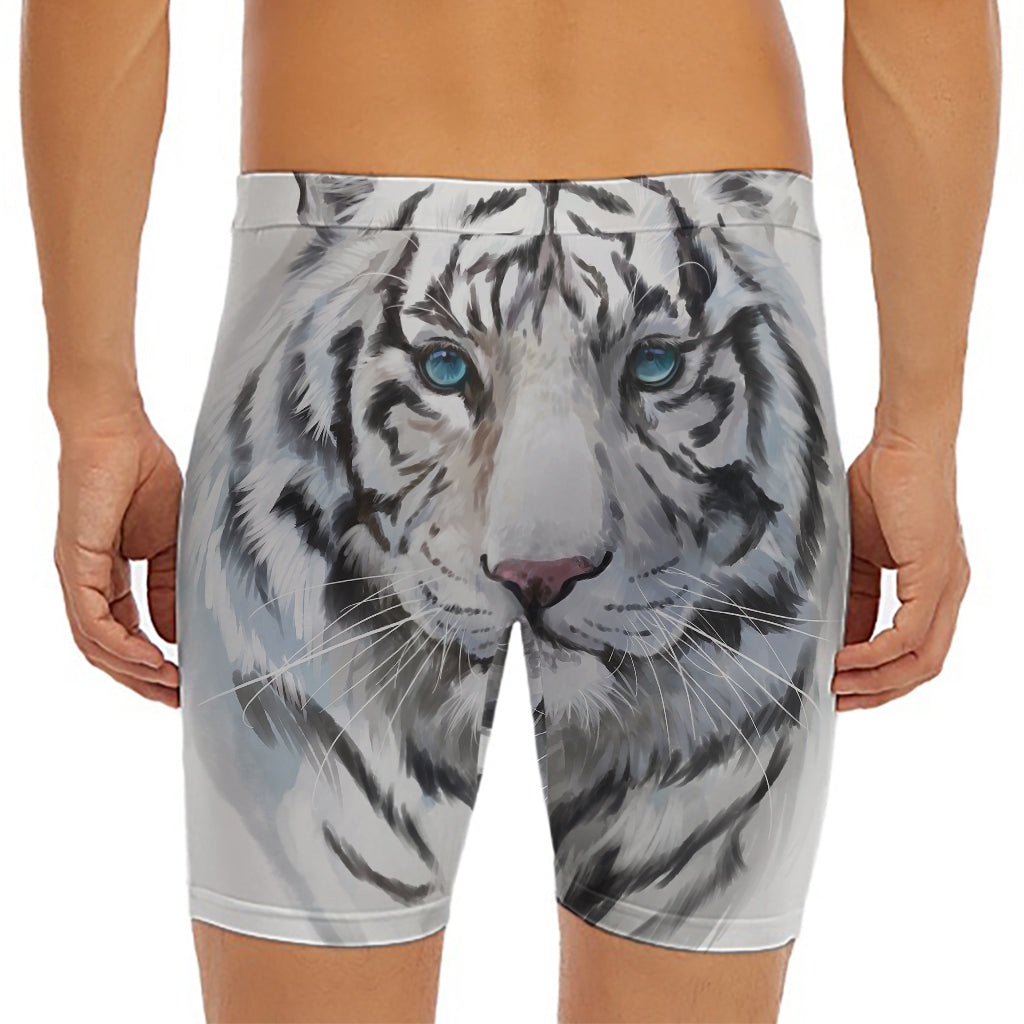 Watercolor White Bengal Tiger Print Men's Long Boxer Briefs