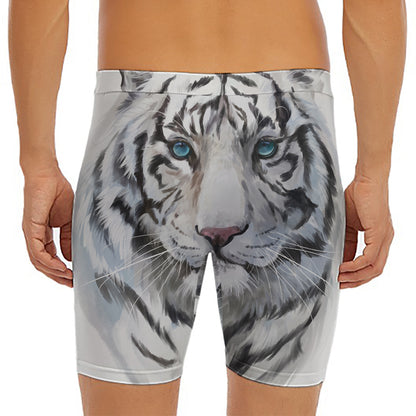 Watercolor White Bengal Tiger Print Men's Long Boxer Briefs