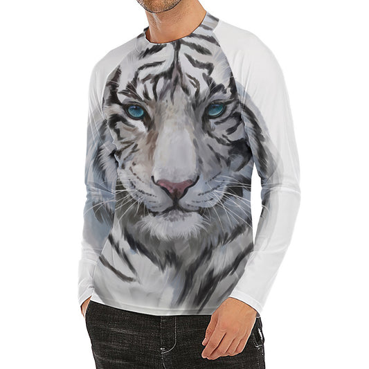 Watercolor White Bengal Tiger Print Men's Long Sleeve Rash Guard