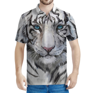 Watercolor White Bengal Tiger Print Men's Polo Shirt