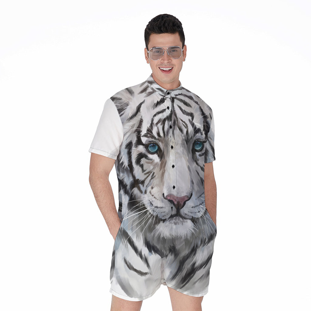 Watercolor White Bengal Tiger Print Men's Rompers
