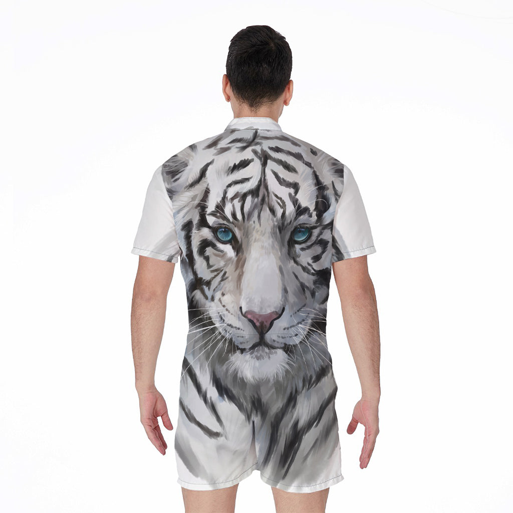 Watercolor White Bengal Tiger Print Men's Rompers