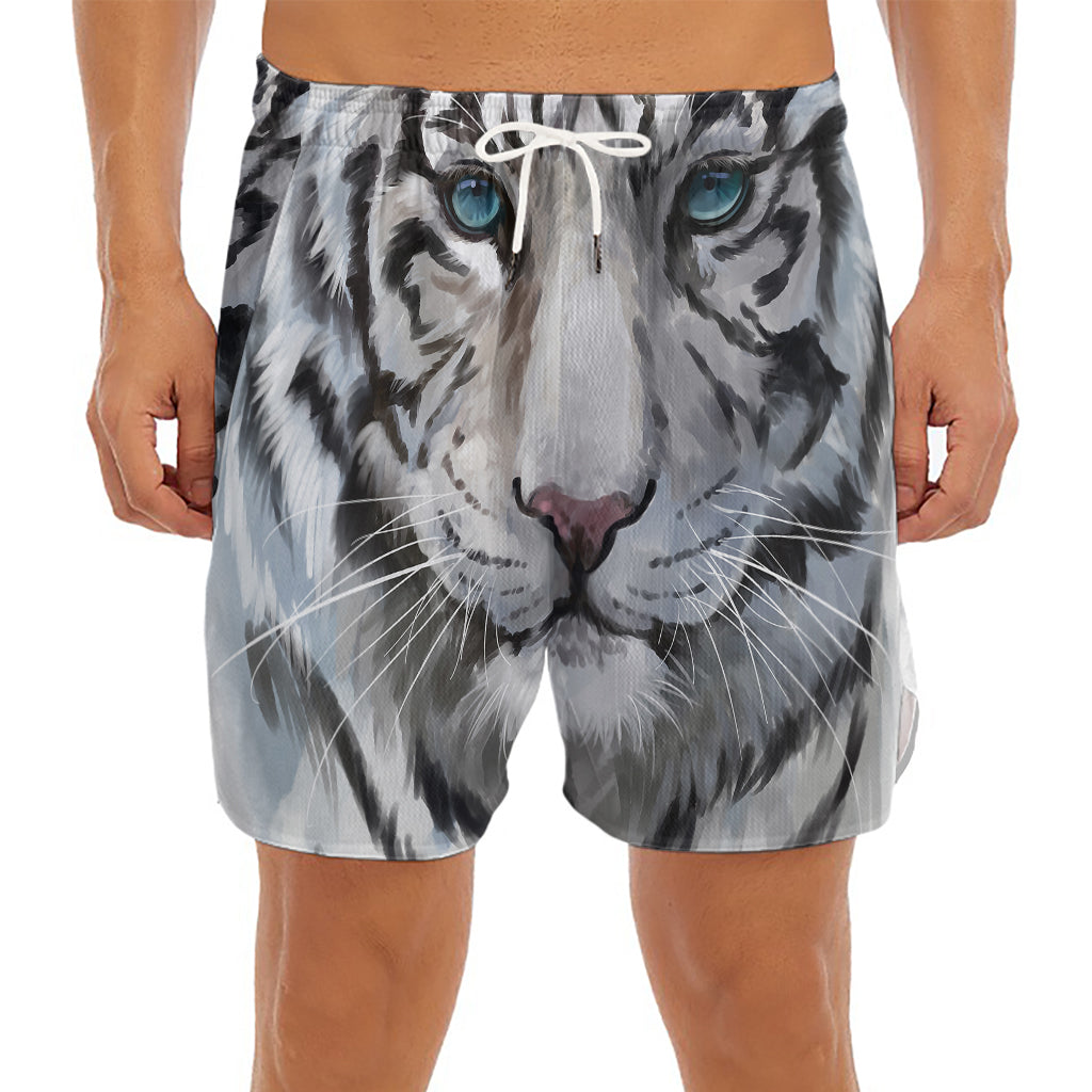 Watercolor White Bengal Tiger Print Men's Split Running Shorts