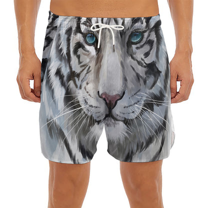 Watercolor White Bengal Tiger Print Men's Split Running Shorts