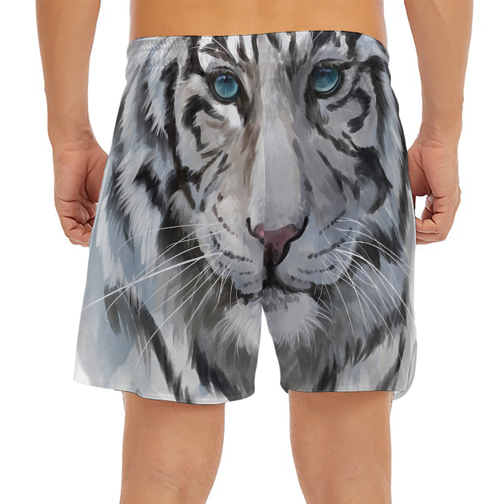 Watercolor White Bengal Tiger Print Men's Split Running Shorts