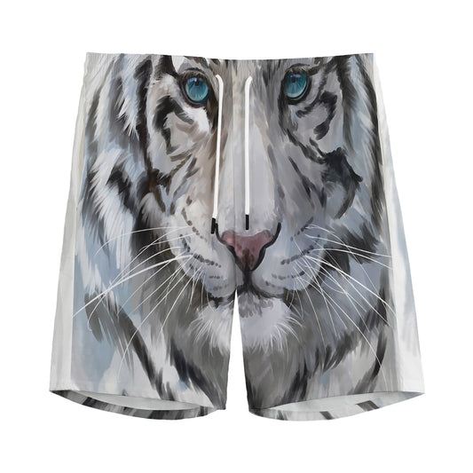 Watercolor White Bengal Tiger Print Men's Sports Shorts